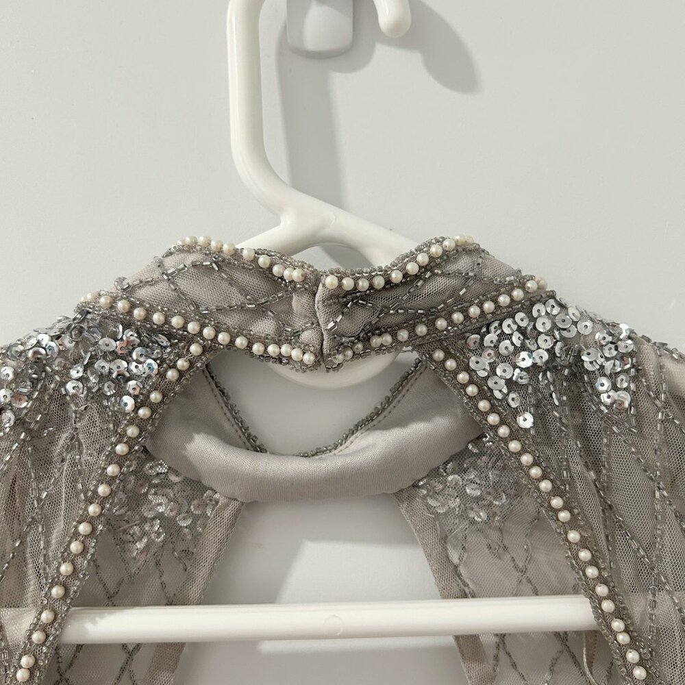 Boohoo Beaded Tassel Silver Mini Dress Long Sleeve - Picture 7 of 12